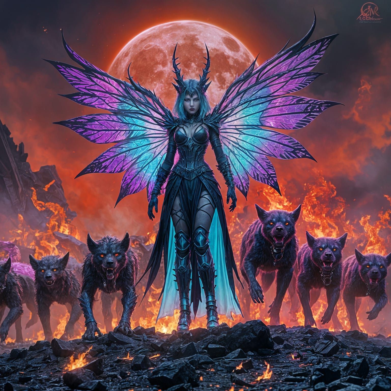 Cybergothic Fairy Queen Commands Flaming Hellhounds Under Bl...