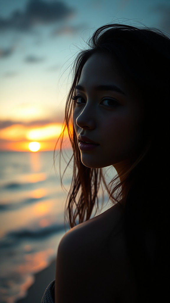 Beautiful Woman at Sunset Seashore, Hyperrealistic HDR
