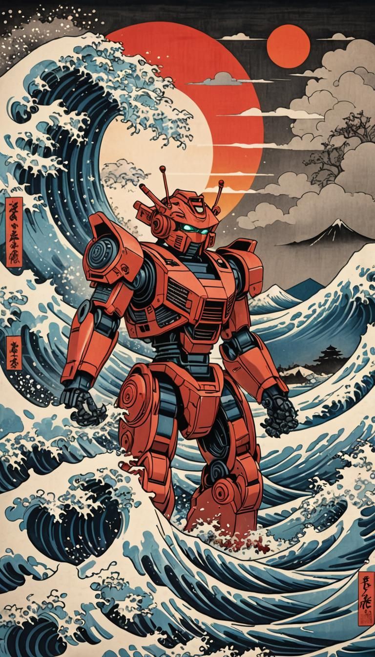 Giant Red Robot Emerges in Ukiyo-e Style