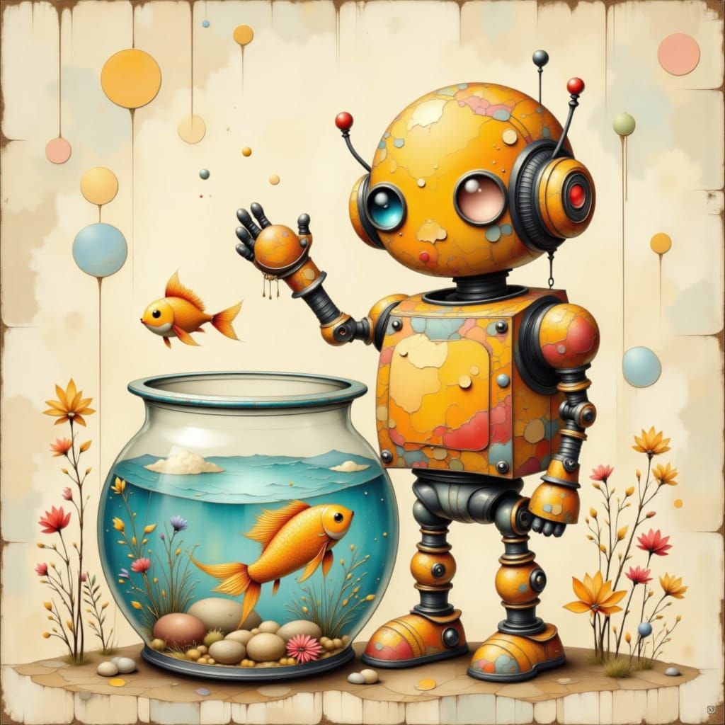 Cute Robot Holding a Fishbowl in Abstract Whimsy Style