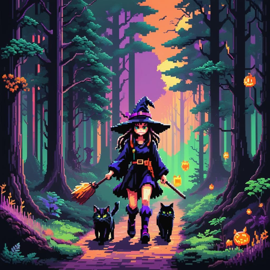 Retro Pixel Witch Embarks on a Neon Forest Adventure