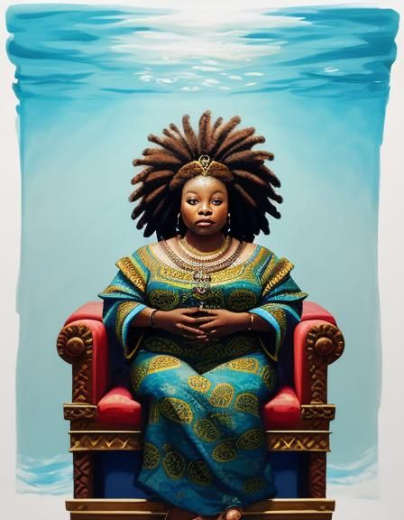 Underwater African Queen with Lion's Mane in Gouache