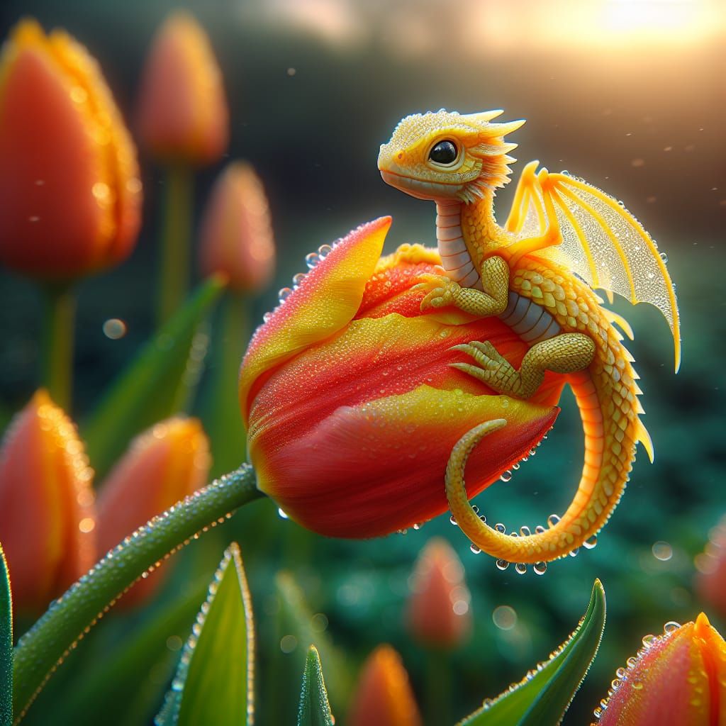 Tiny Golden Dragon Resting on Orange Tulip