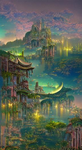 Futuristic Forest City at Night, Art Nouveau Style