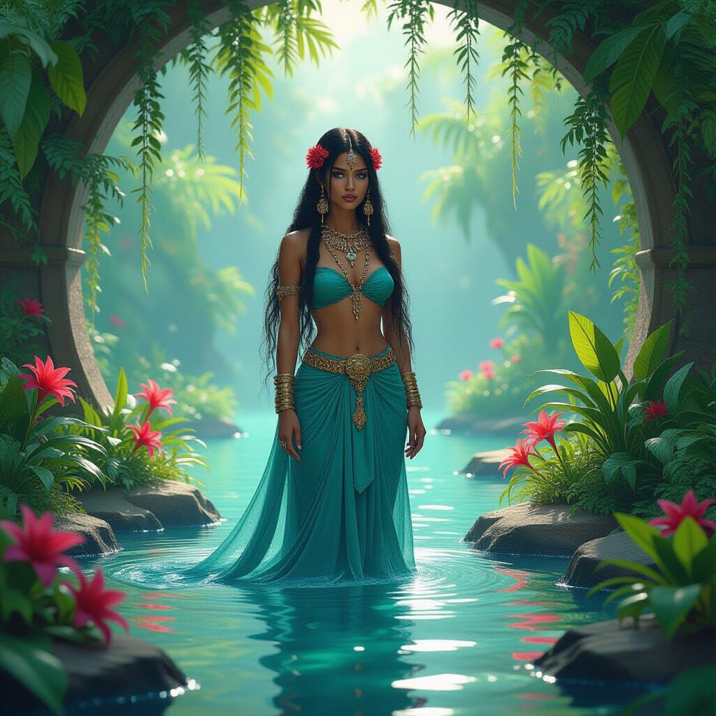 Aztec Water Goddess in Lush Garden of Eden