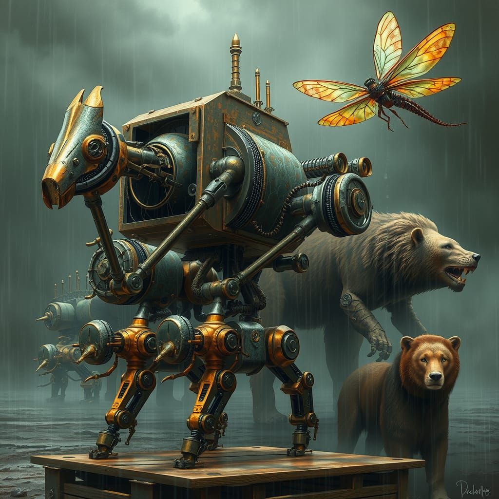 Steampunk Noah's Ark with Metallic Robotic Beasts