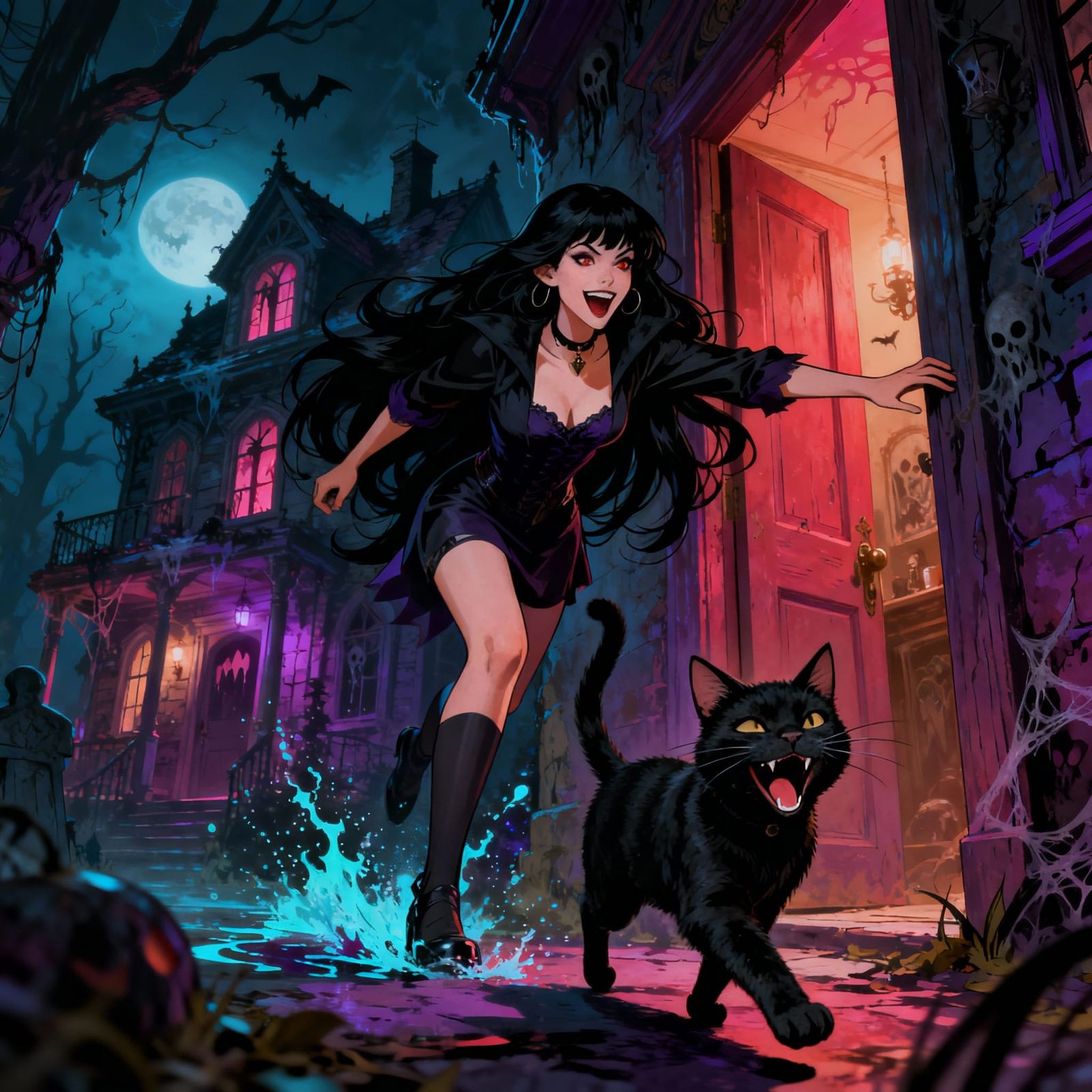 Comic Art: Woman and Cat Explore Haunted House