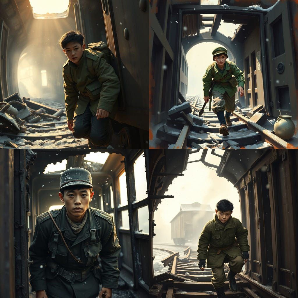 Young Chinese Soldier Emerges from Wrecked Train Car in Snow...