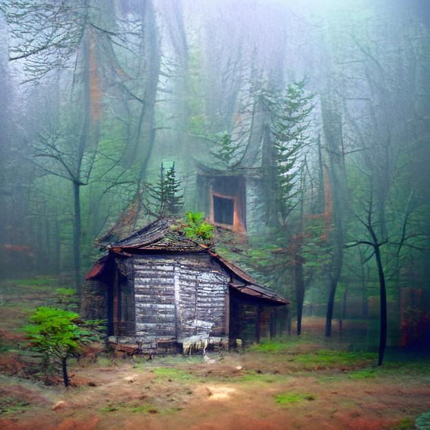Old Cabin in Foggy Forest