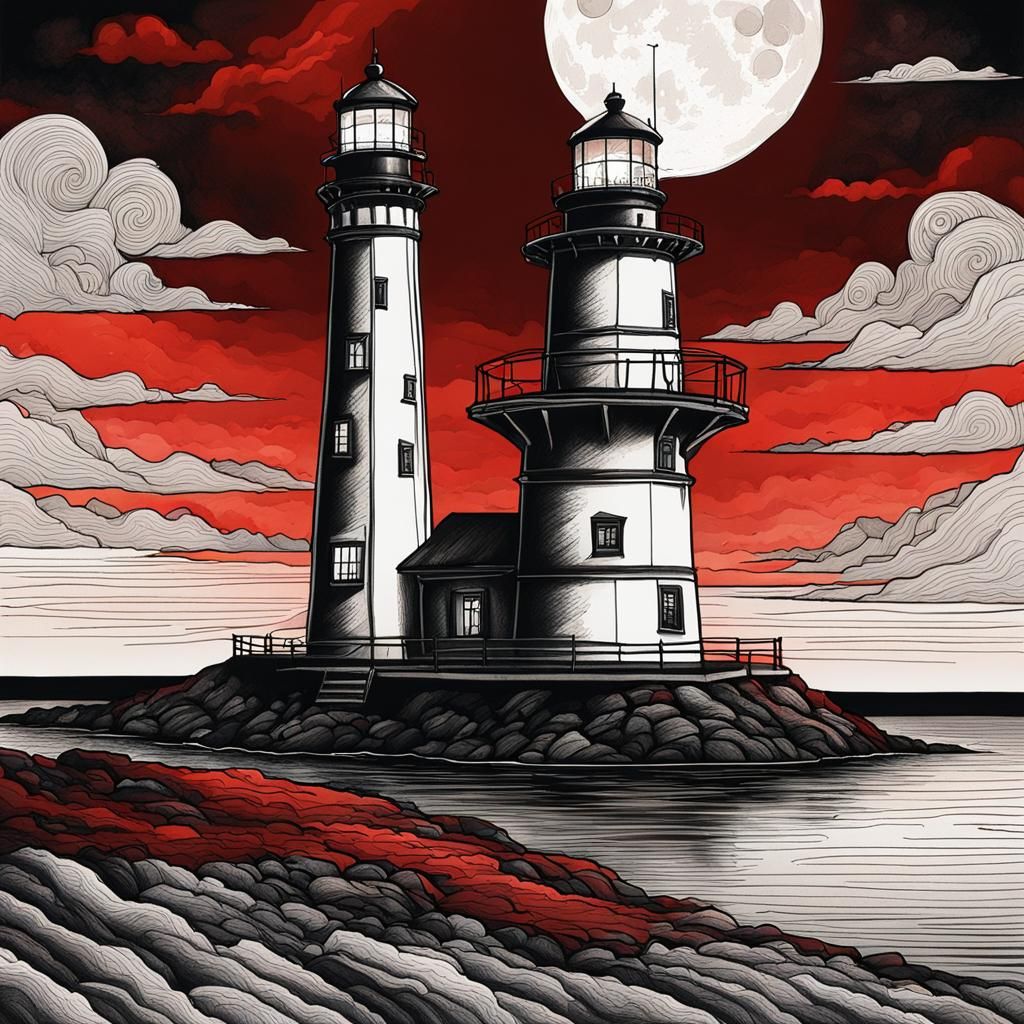 Fiery Dieselpunk Lighthouse Under Blood Moon