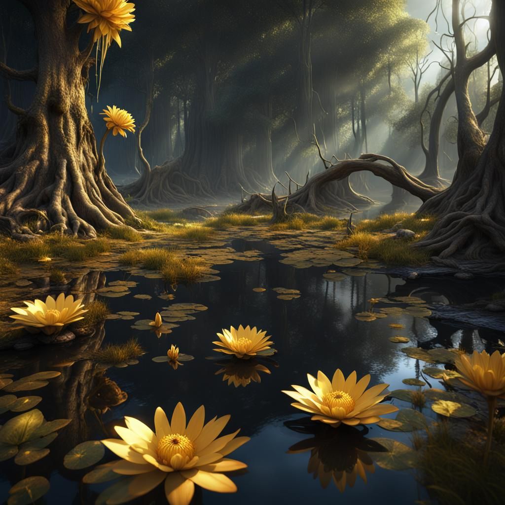Golden Flower in Black Swamp: Fantasy Concept Art
