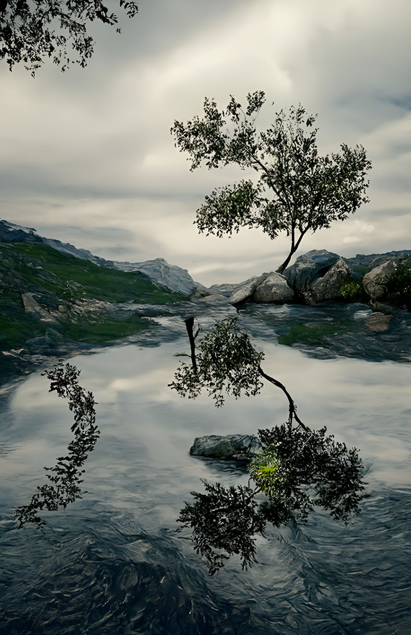 Photorealistic Tree Growing on Water, Hyperdetailed Landscap...
