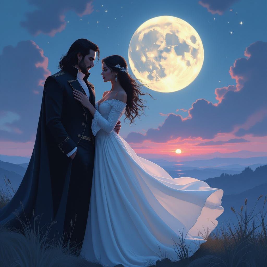 Ethereal Woman and Mysterious Man in Dreamlike Landscape