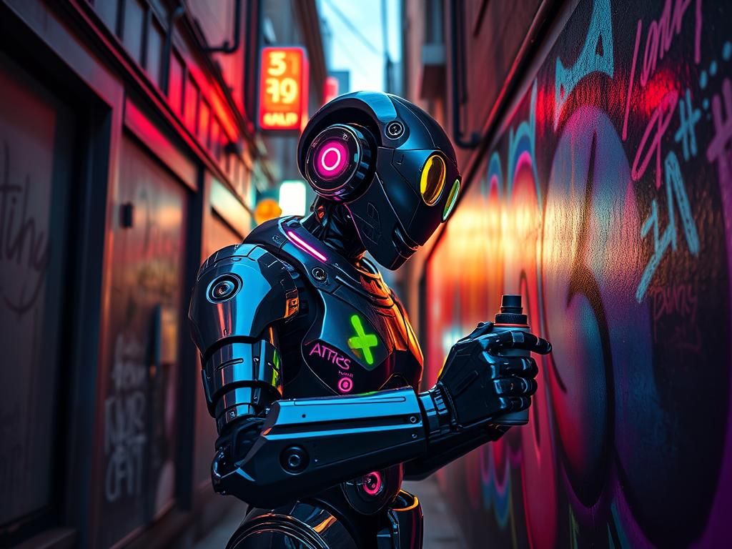 Futuristic Robot Graffiti Artist in Neon Cityscape