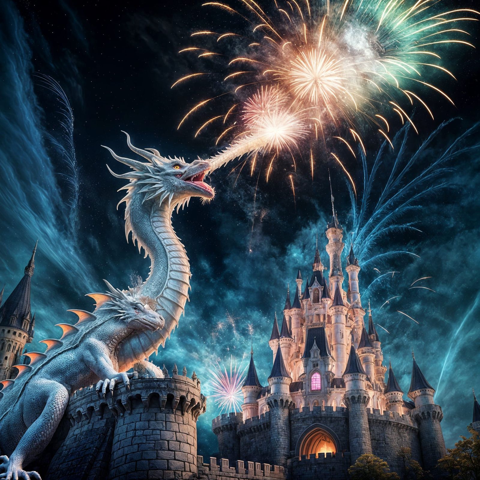 Dragon Creates Firework Grand Finale Over Fantasy Castle