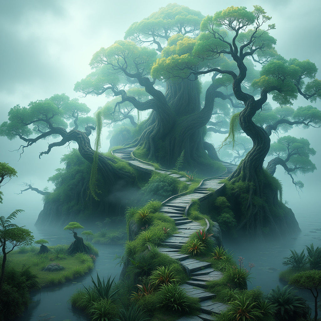 Mystical Island with Ethereal Forest Path, Fantasy Concept A...