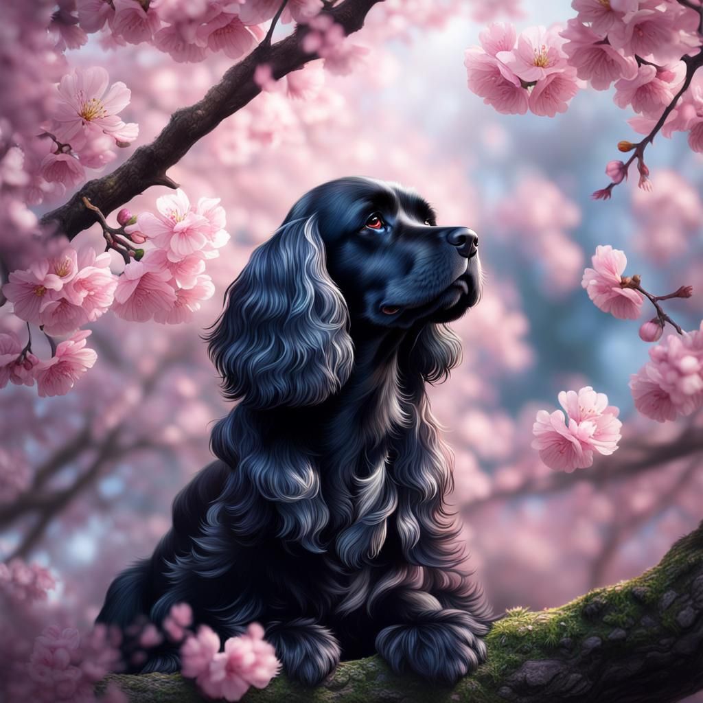Translucent Cocker Spaniel Under Cherry Blossoms: 8K Art