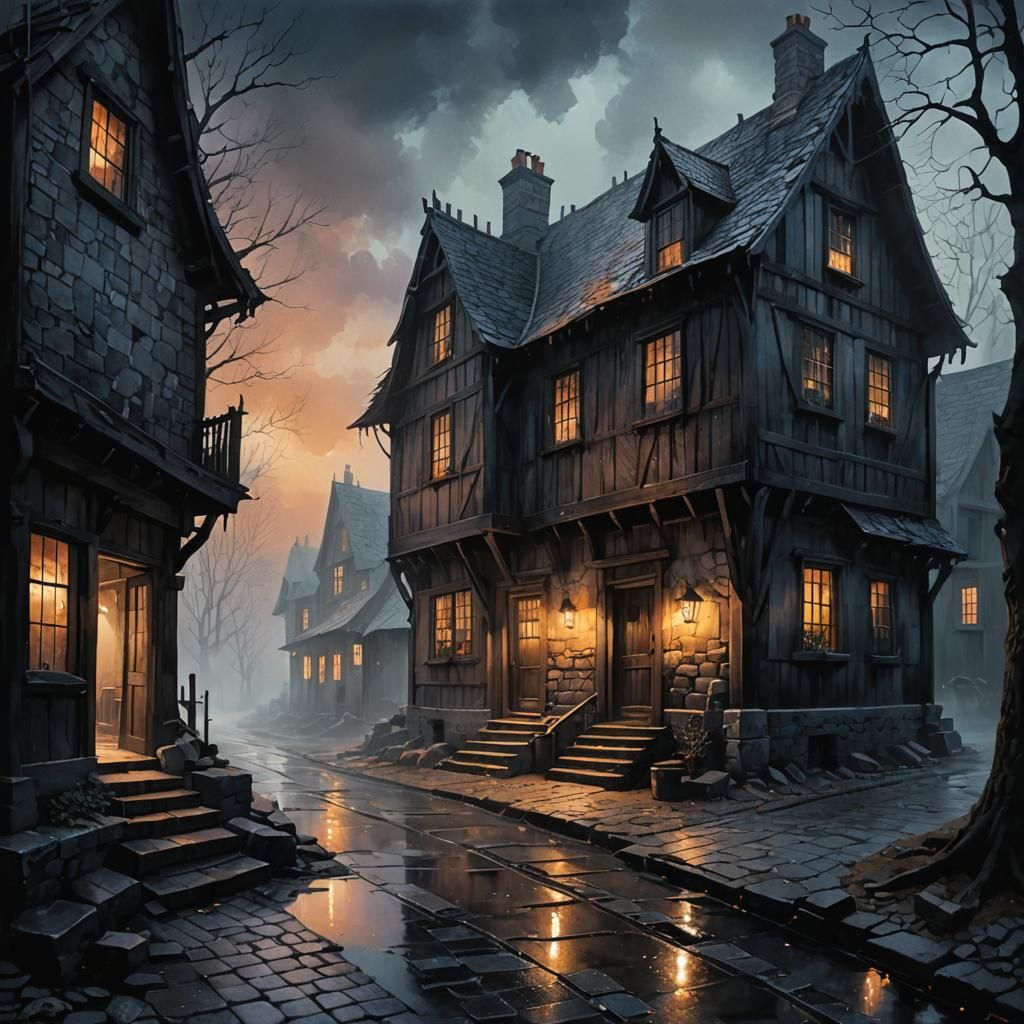 Mist-Shrouded House in Dark Fantasy Style