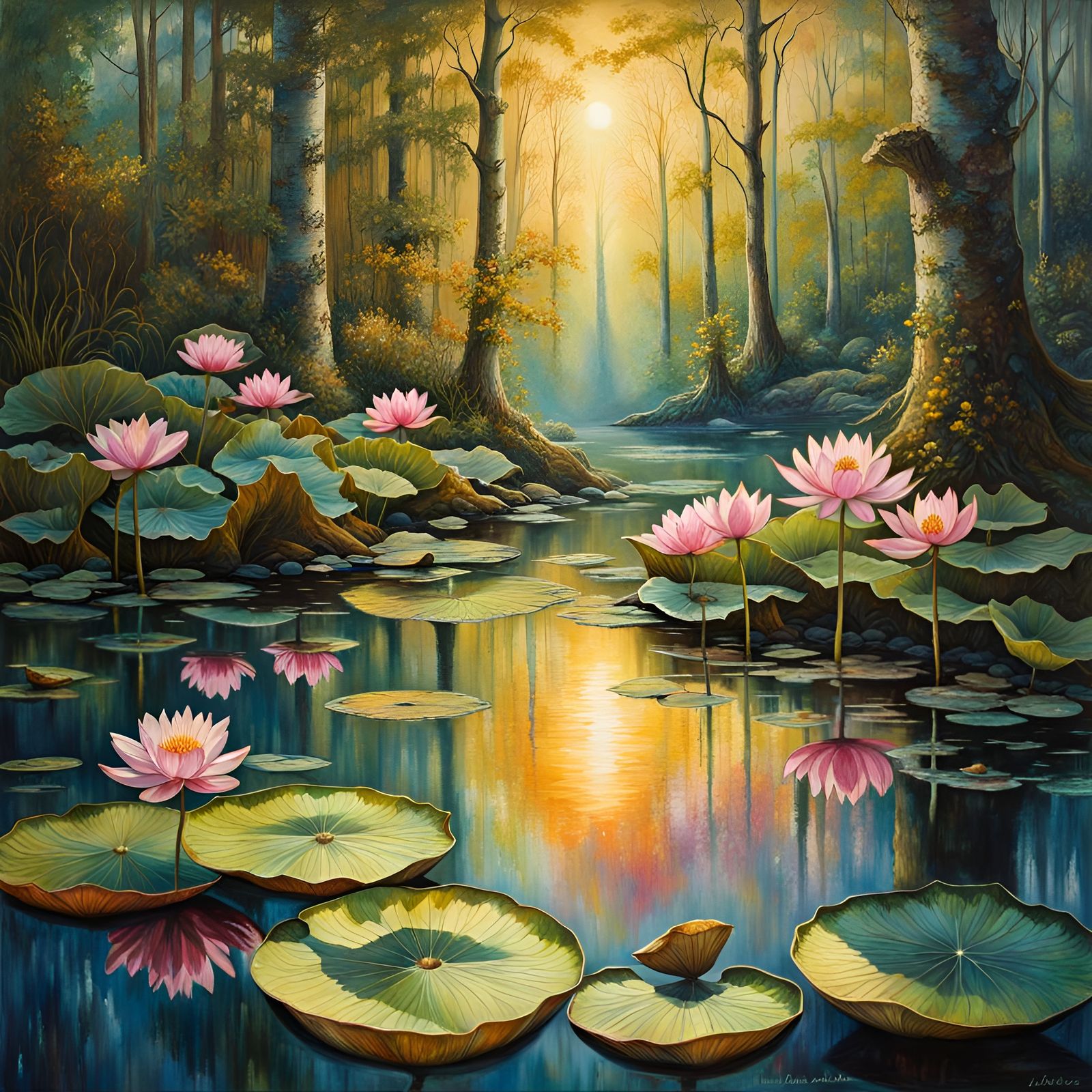 Lotus Flowers Reflecting in a Birch Tree Pool