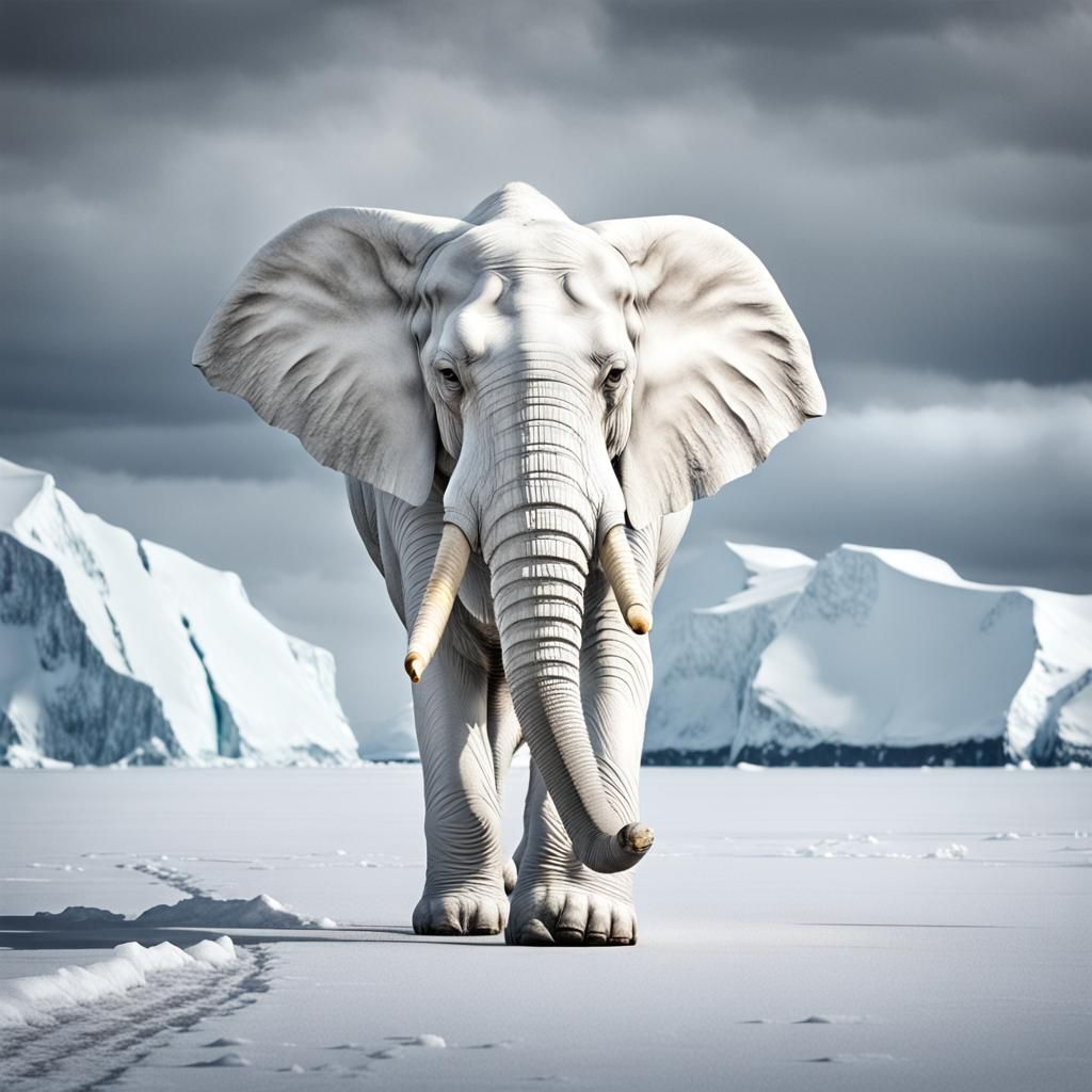 Albino Elephant Prowls Through Antarctic Landscape