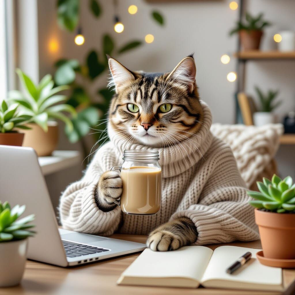 Millennial Cat Relaxing in Cozy Workspace