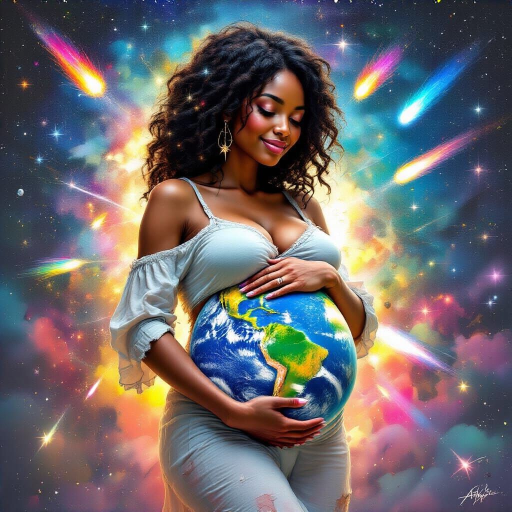 Pregnant Woman in Space Surrounded by Prisms