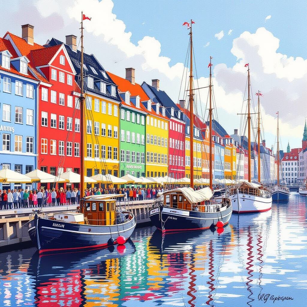 Nyhavn Copenhagen Waterfront in Gouache and Watercolour Styl...