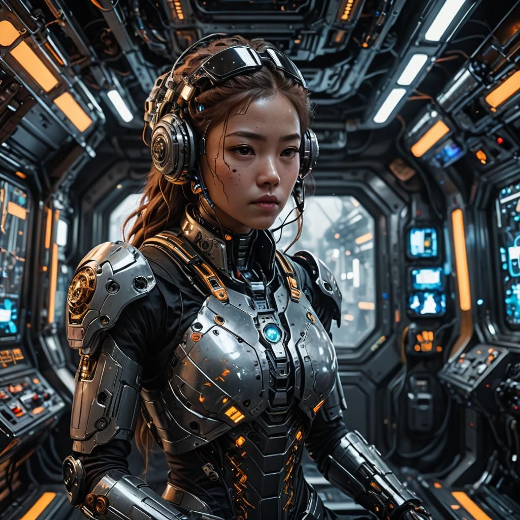 Adorable Cyborg on Spaceship in Oil Painting Style