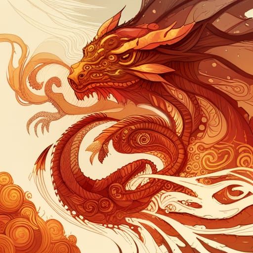 Fiery Dragon with Golden Outlines, Digital Art