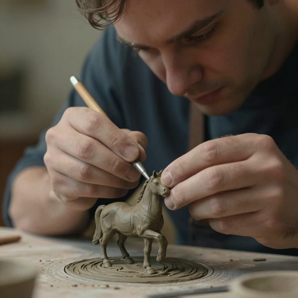 Man Sculpting Clay Horse in Cinematic Film Still