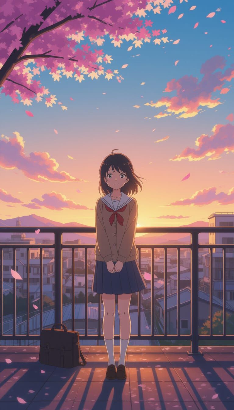 Anime Girl on Rooftop at Sunset in Splash Art Style