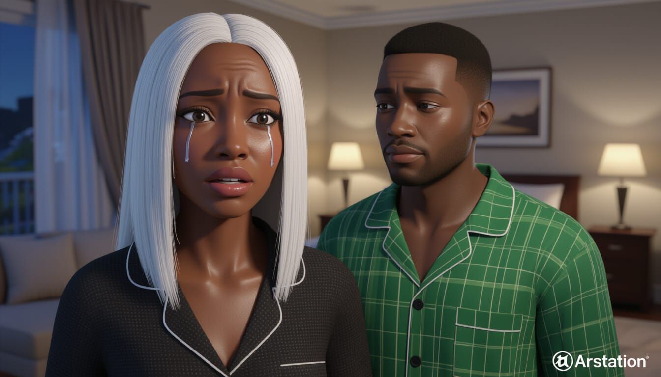 African Woman in Pajamas Expresses Fear in Luxury Apartment