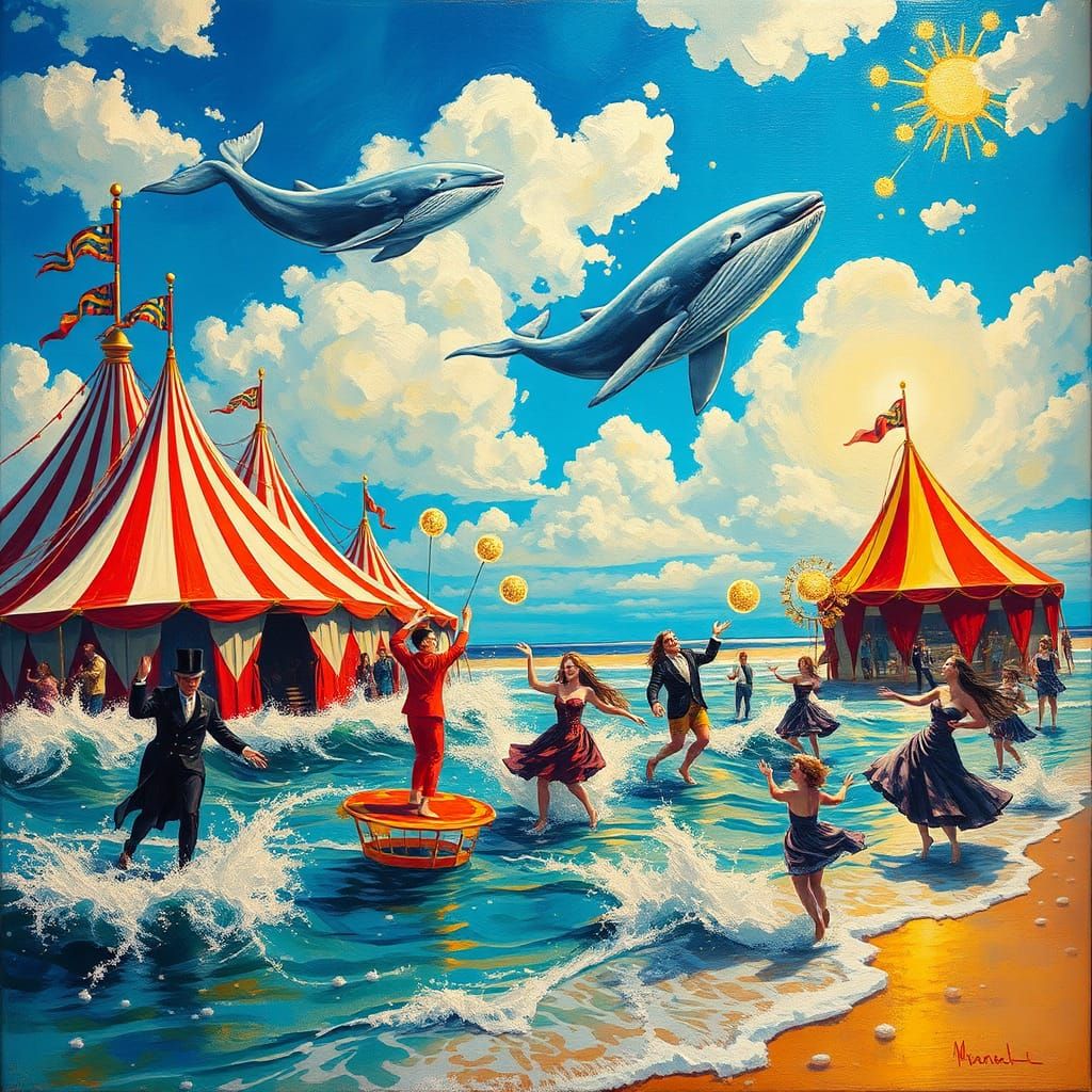 Whimsical Circus on Sun-Kissed Shoreline as Surreal Oil Pain...