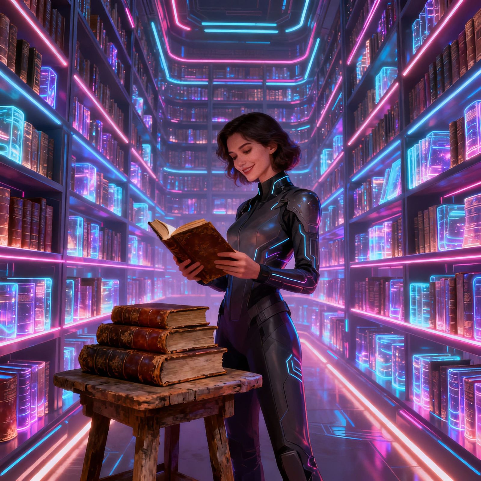 Futuristic Virtual Library With Holographic Books and Antiqu...