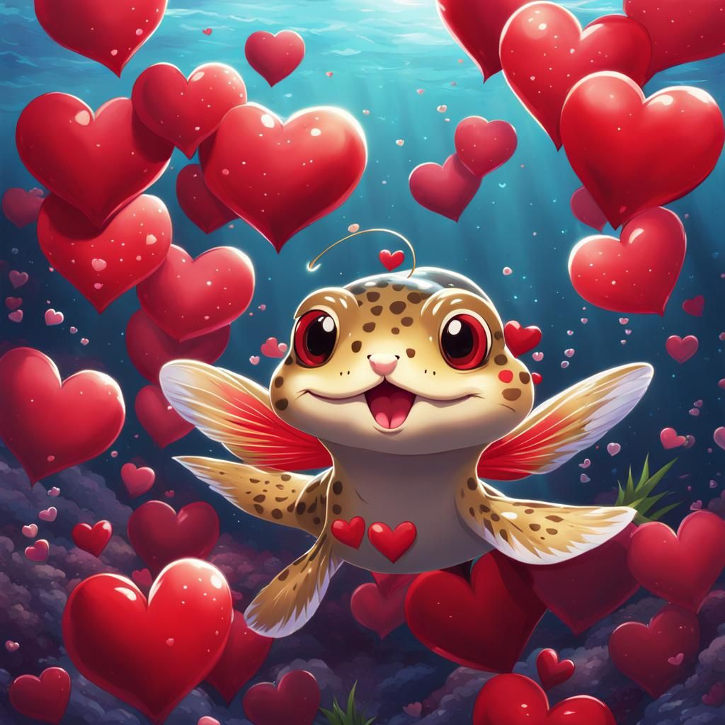 Happy Mudskipper in Anime Style with Hearts