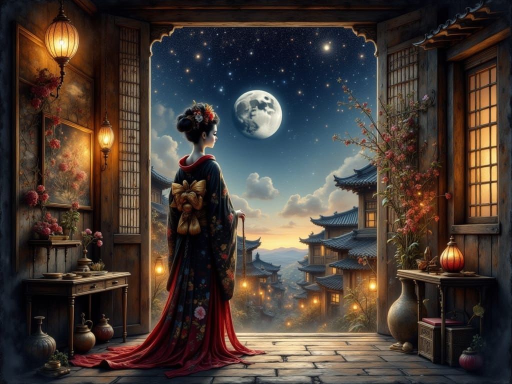Elegant Geisha Gazing at Stars in Traditional Home