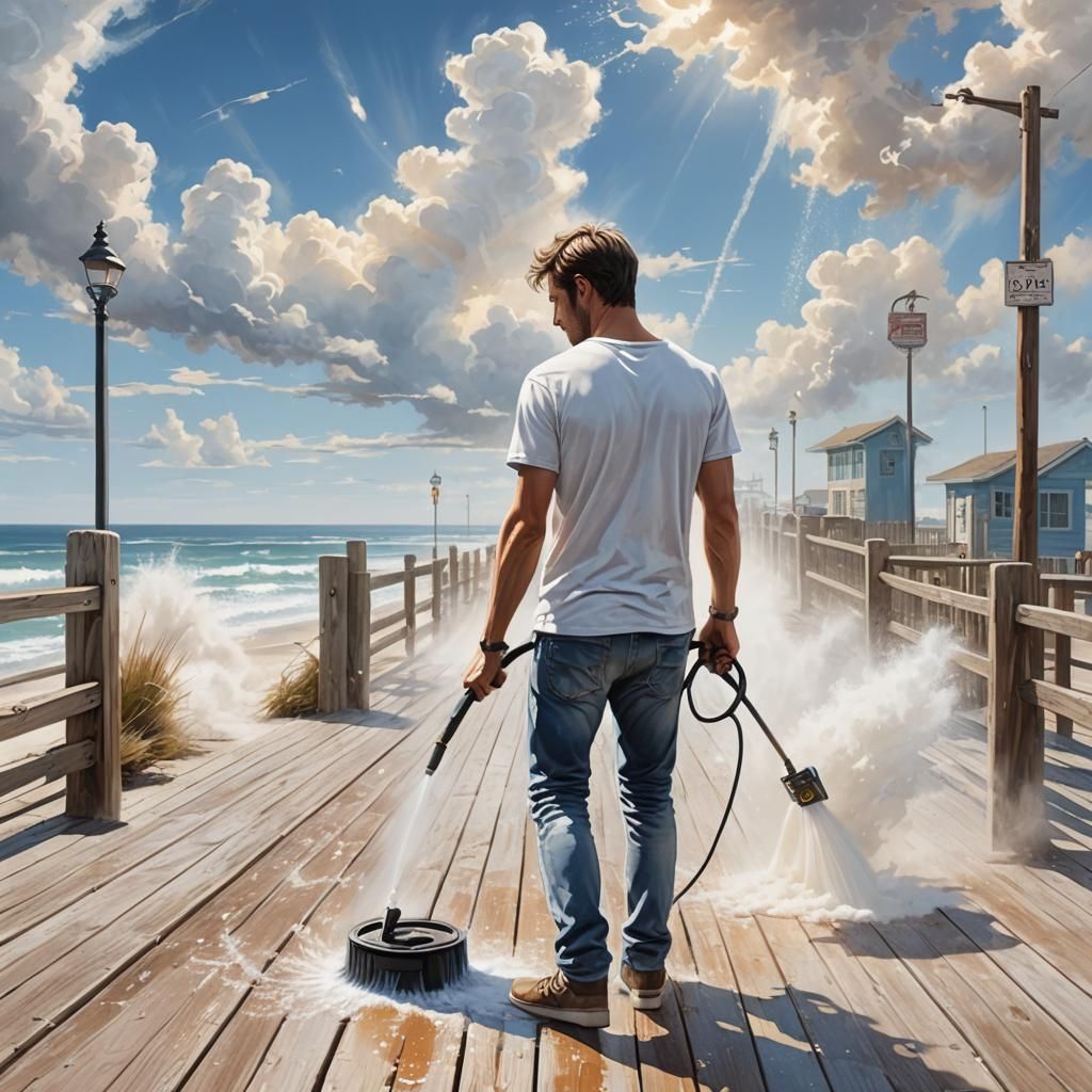 Man Pressure Washing Boardwalk: Watercolor Digital Art