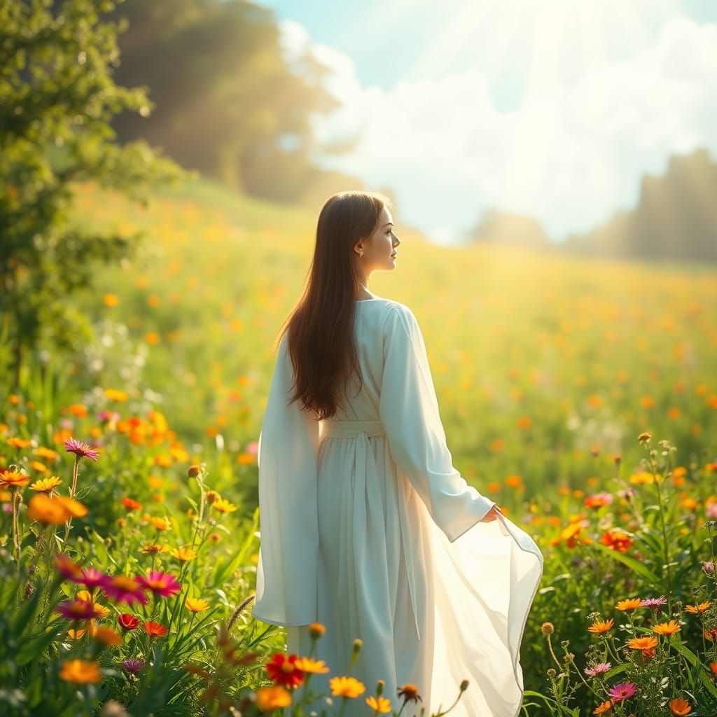 Serene Woman in Lush Meadow, Divine Glow