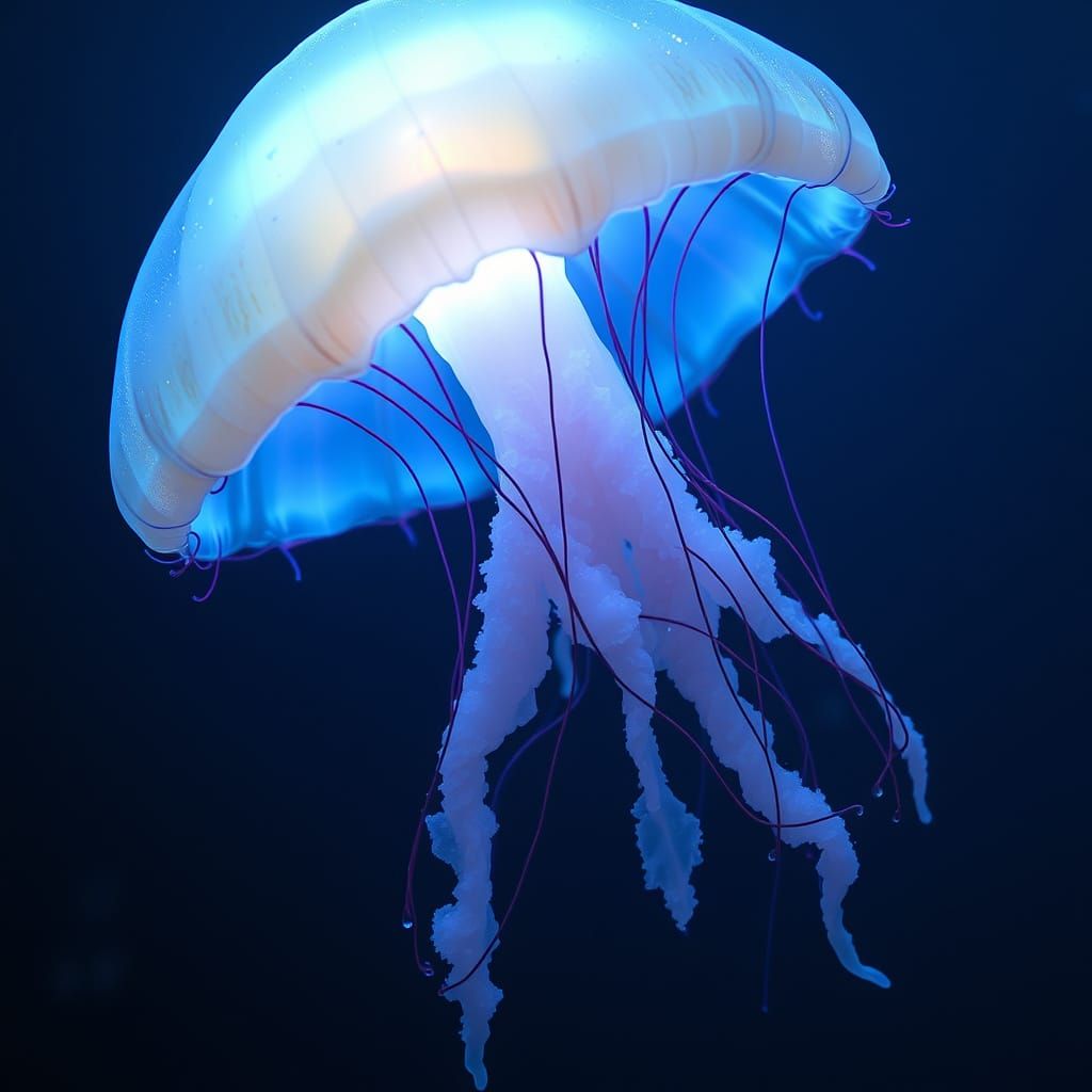 Bioluminescent Jellyfish Glowing in Dark Ocean