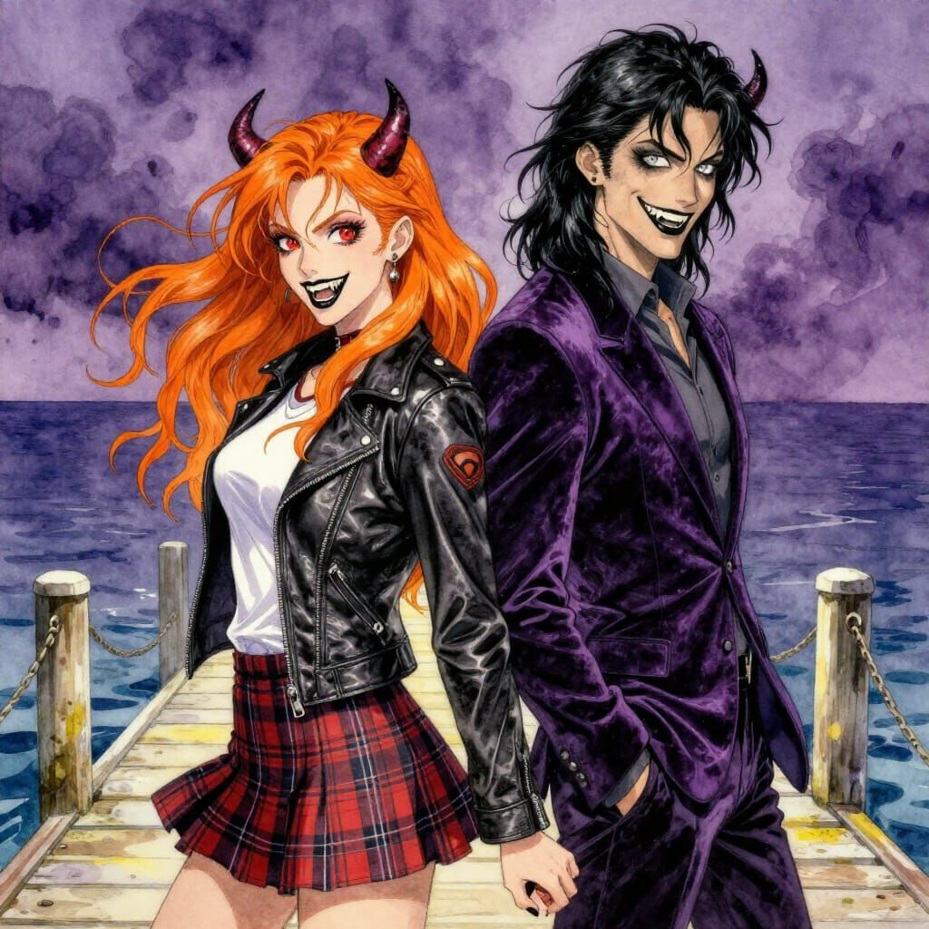 Demons Posing on Dock in Watercolor Style