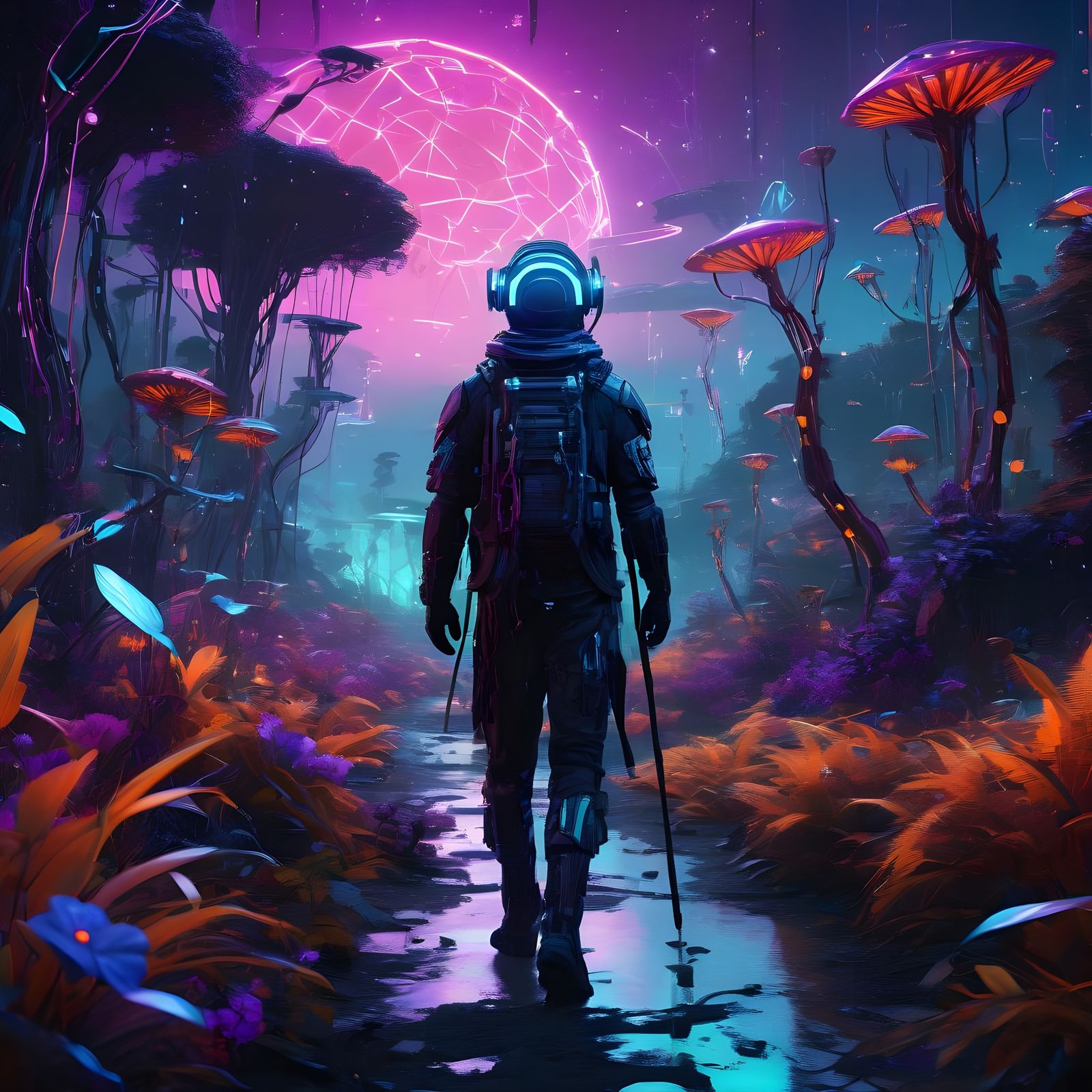 Futuristic Nomad in Cybernetic Jungle, Digital Art