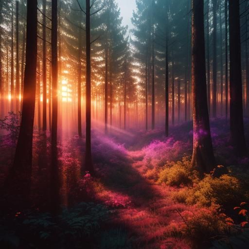 Vibrant Sunset Silhouettes in Atmospheric Forest
