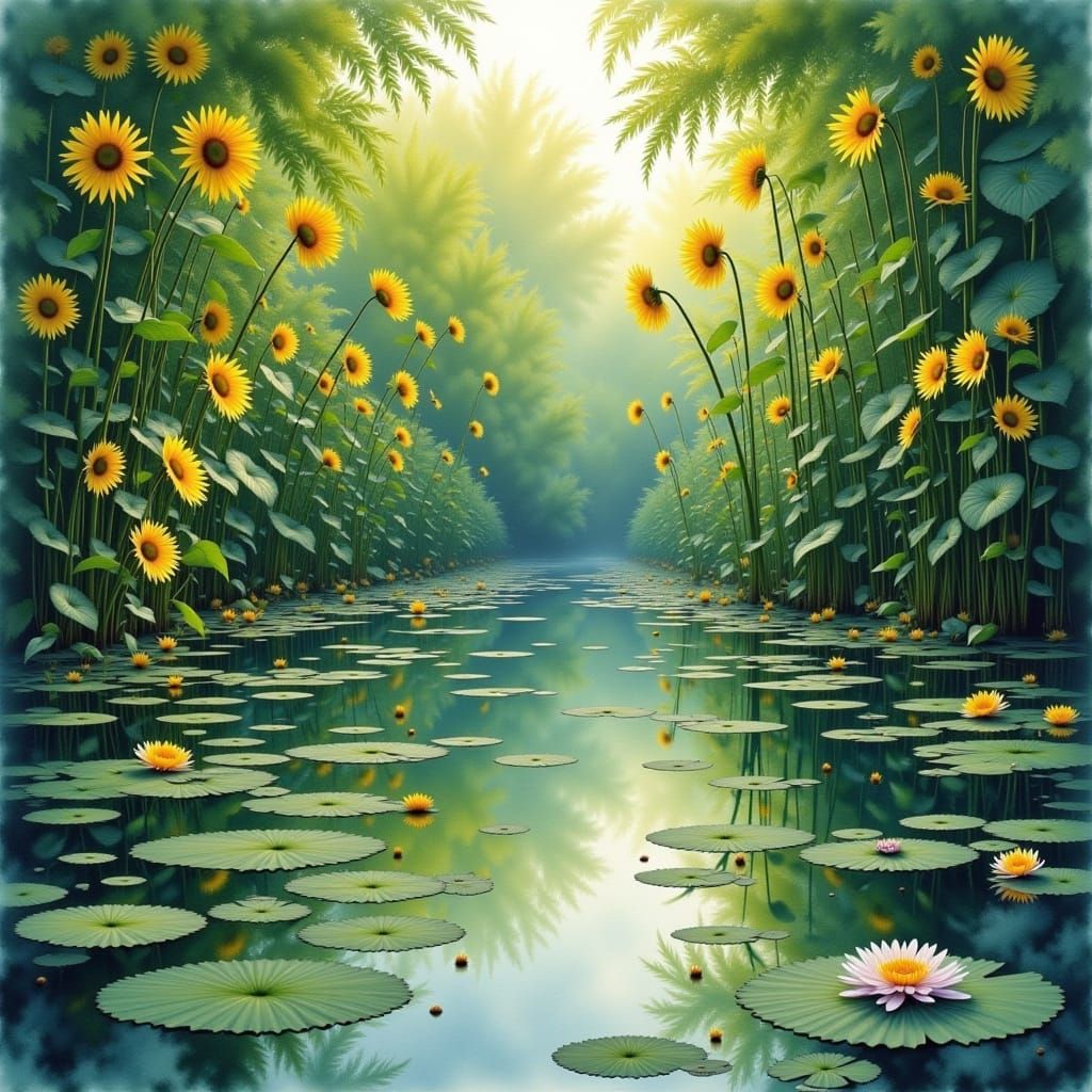 Serene Pond with Sunflowers in Impressionist Style