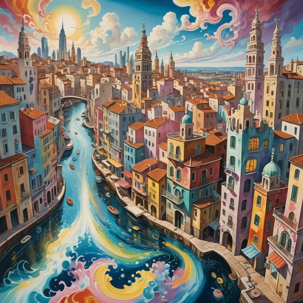 Candy-Colored Metropolis in Surreal Gouache Style