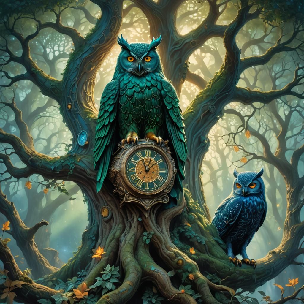 Ethereal Emerald Figure Under Clockwork Tree