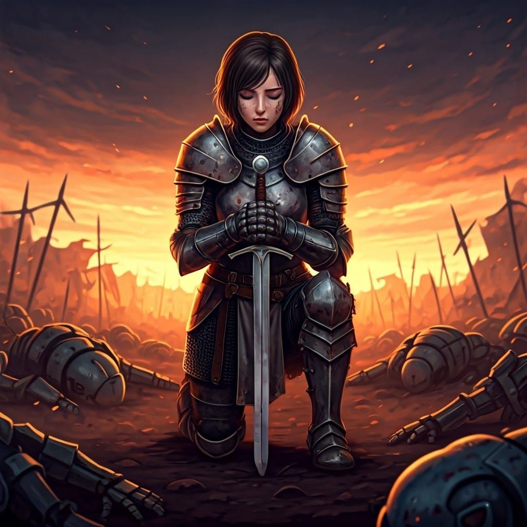 Anime Knight Squire on Battlefield at Dusk