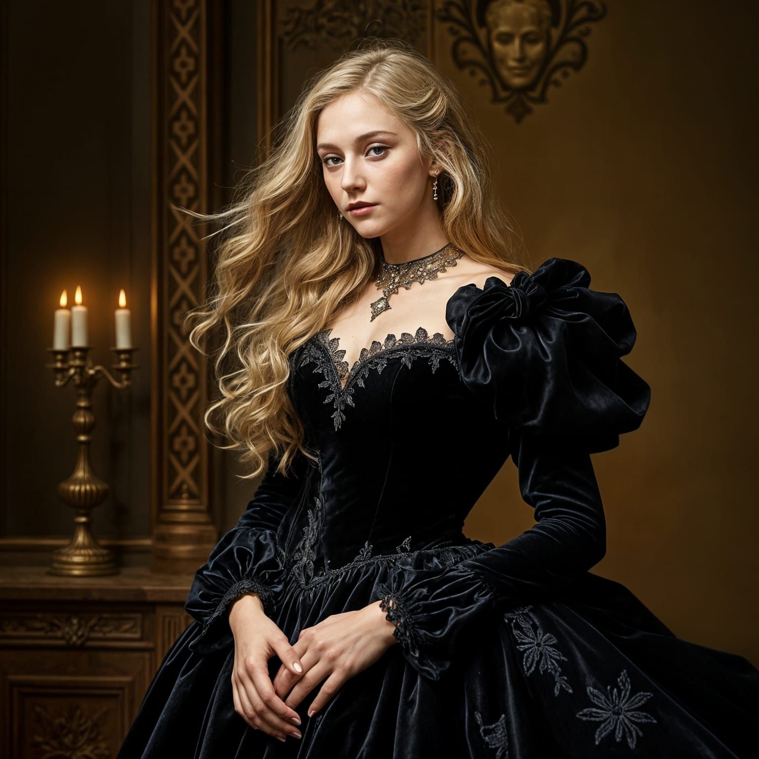 Blonde Woman in Black Velvet Gown, Gustave Doré Style