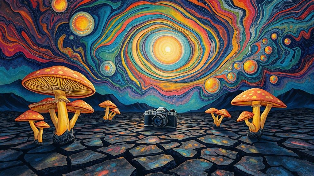 Luminous Mushrooms in Surreal Alcohol Ink Landscape