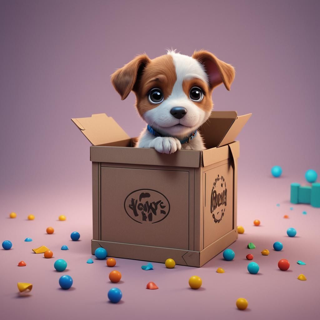 Adorable Puppy in a Box: 3D Digital Art