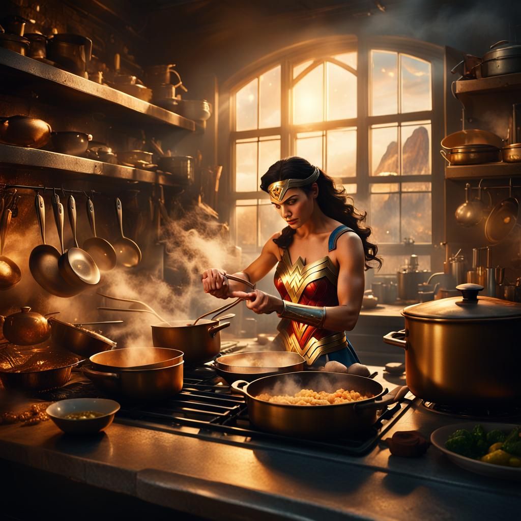 Wonder Woman Cooking in Mystical Kitchen: Fantasy Art